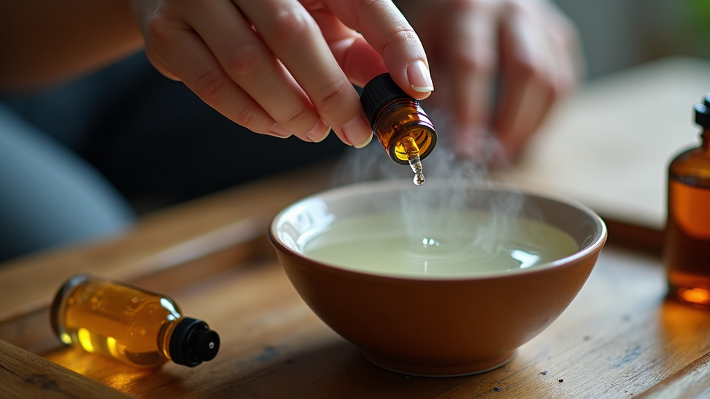 Close-up of adding pure essential oil to a steaming oil burner bowl, with unsuitable oils set aside.