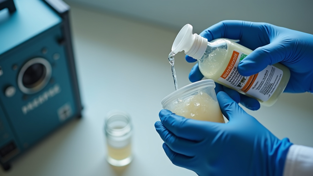 Correctly pouring approved thin disinfectant into a cold fogger tank.