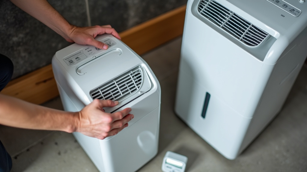 Two dehumidifiers running together in a damp basement to lower humidity.