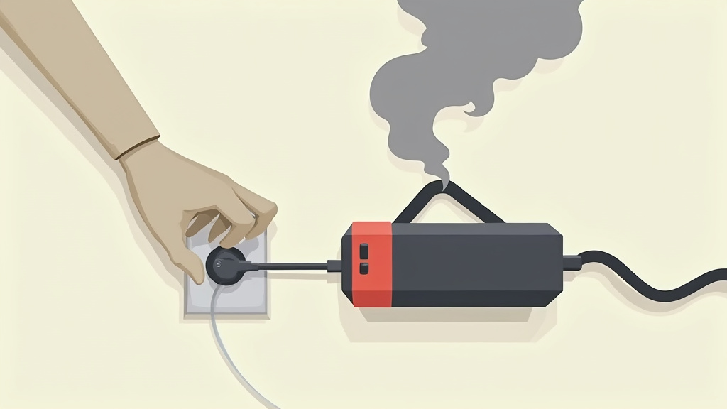 Cartoon instruction for unplugging a smoking fog machine during a malfunction.