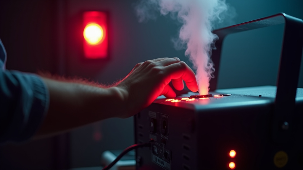 Hand turning off a fog machine as a smoke alarm strobe flashes.