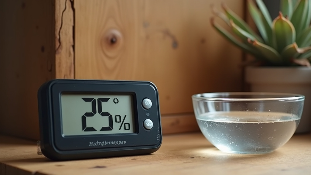 Hygrometer showing low humidity next to bowl of water for humidifying room