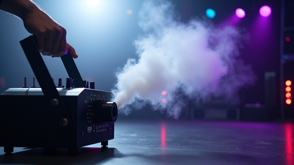 Professional fog machine emitting haze on a stage with DMX controller.