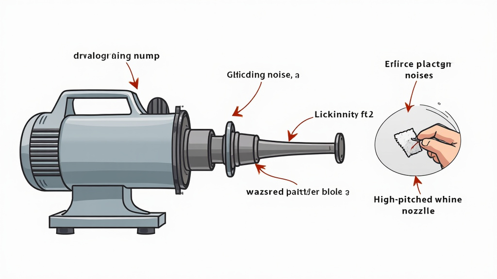Diagram showing common fog machine noise sources: dry bearing, clogged nozzle, unbalanced fan.