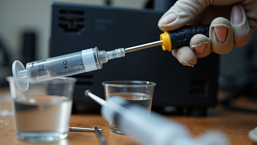 Close-up of clearing a clogged fog machine heater's internal tubing with syringe.