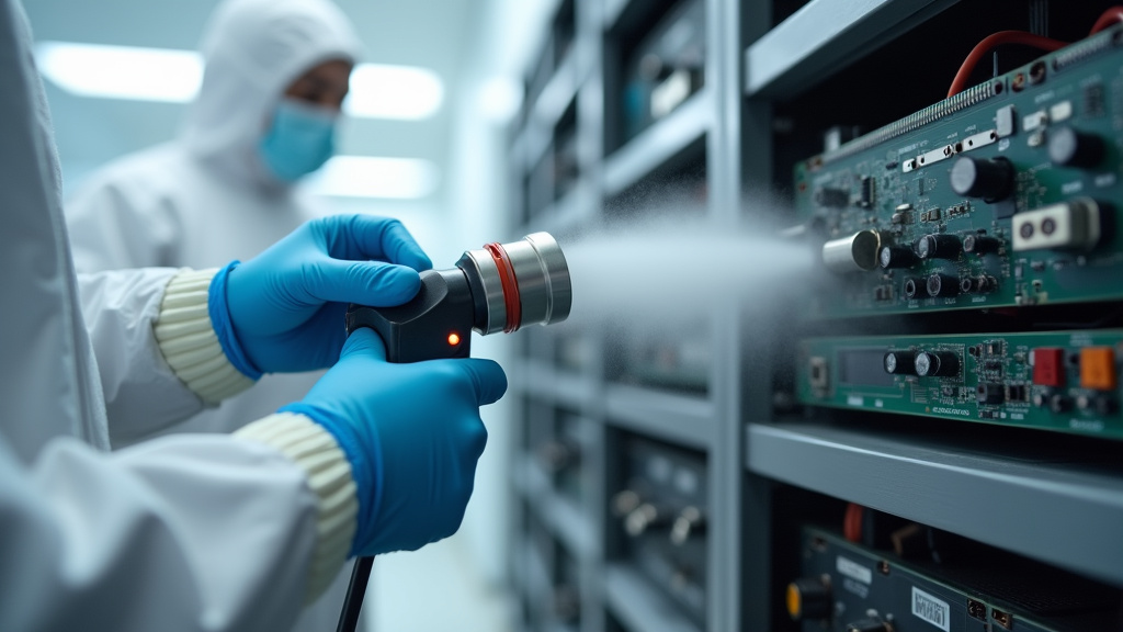 Dry fogger emitting fine mist over equipment in a sterile cleanroom.