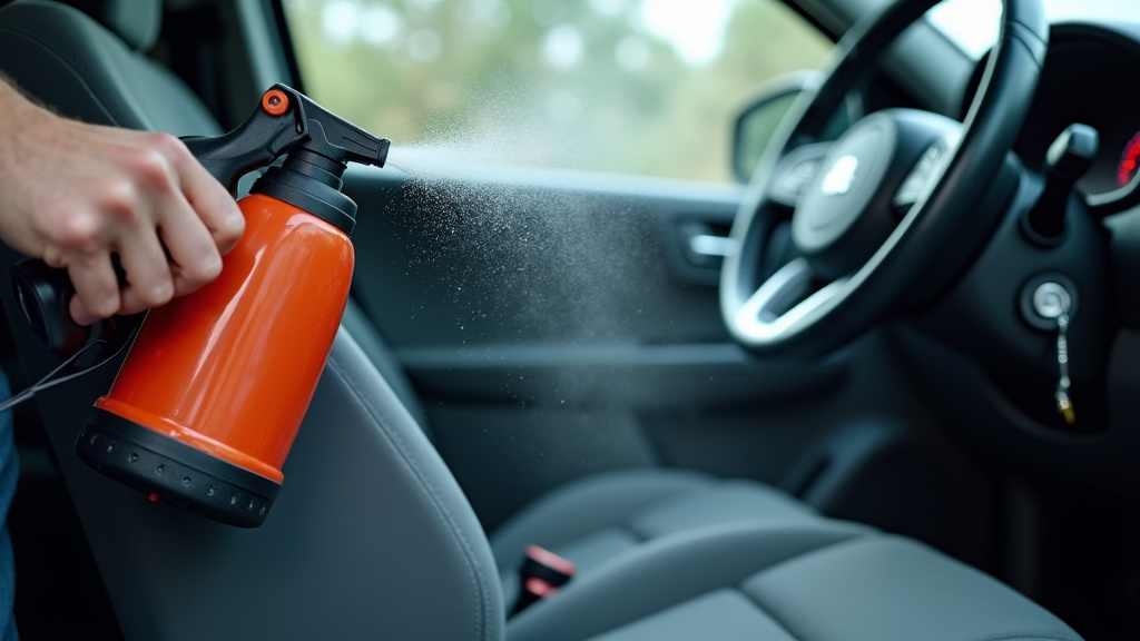 Wet fogger applying disinfectant mist inside a car for surface coating sanitization.