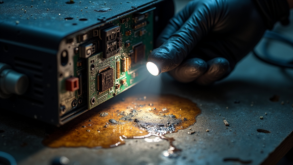 Close-up of a damaged fog machine with burnt wiring and fluid leaks.