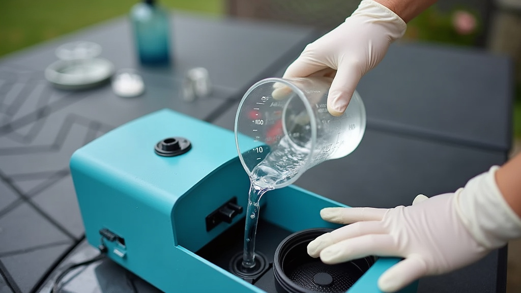 Pouring vinegar cleaning solution into a clogged fog machine's fluid tank.