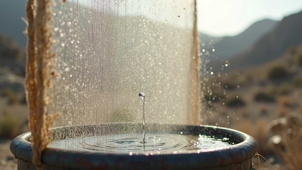 Close-up of a fog harvesting net collecting water droplets in natural coastal fog.