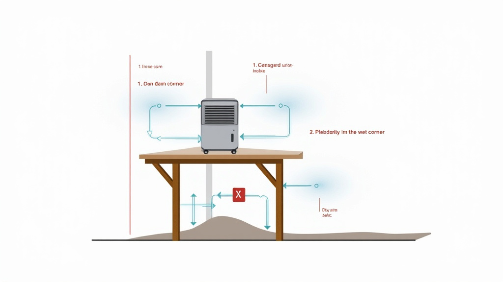 Diagram showing optimal dehumidifier placement in a damp basement for whole-house coverage.