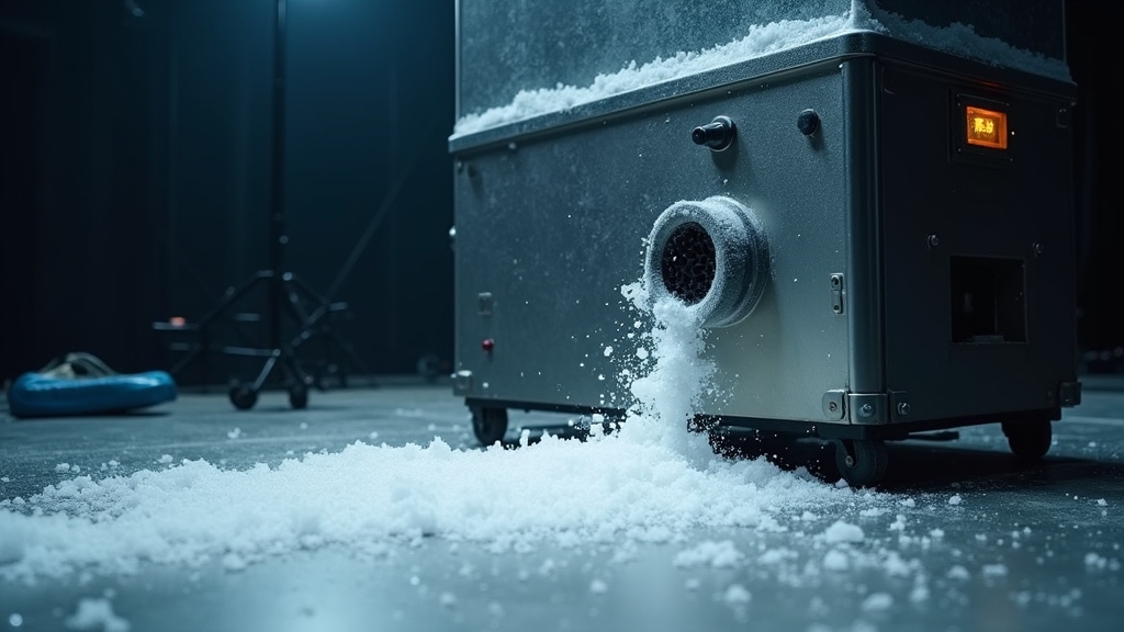 Mobile ice shaver machine producing snow on a warm film set
