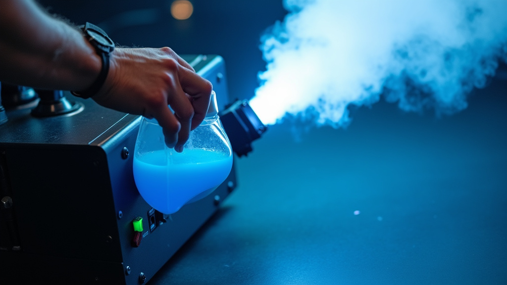 Blue-tinted fog fluid bottle next to machine emitting white fog.