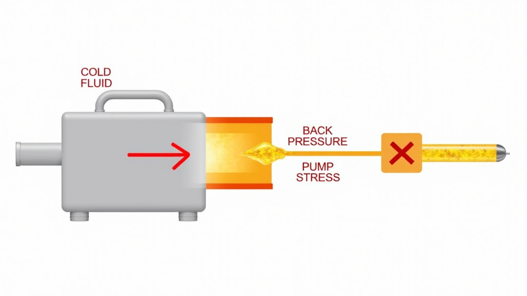 Diagram showing pump back-pressure and fluid residue during fog machine warm-up.