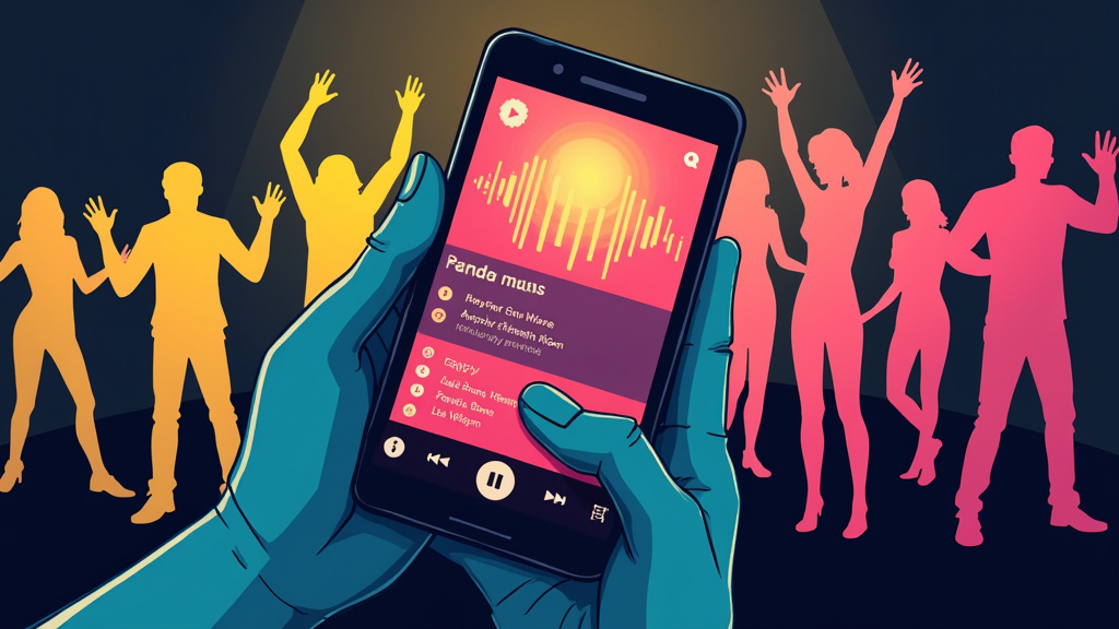 Close-up of a smartphone displaying a vibrant party playlist with dancing silhouettes.