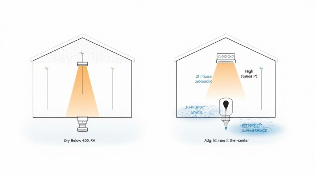 Diagram comparing diffuser mist behavior in dry versus humid room air conditions.