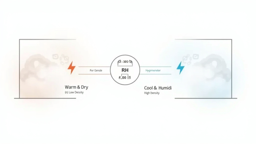 Diagram comparing how room temperature and humidity control the density of fog.