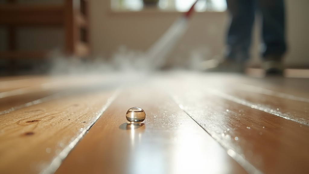 Close-up of fog machine residue as a droplet on hardwood flooring.