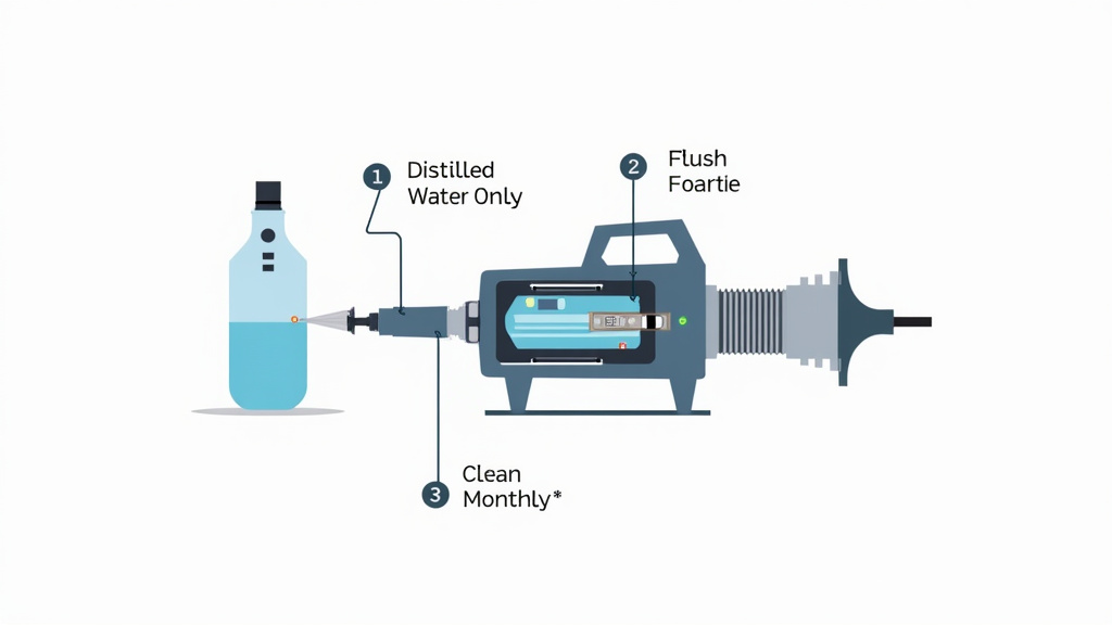 Diagram of fog machine internal parts and maintenance points for longevity.