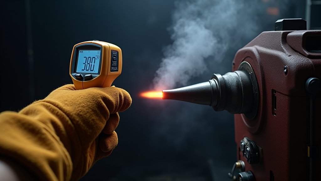 Close-up of a gloved hand checking the hot nozzle of a fog machine with a thermometer.